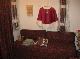 Vintage couch in mid century upholstery (measures 78 wide by 29 deep) and 3 panels of coordinating mid century curtains. 