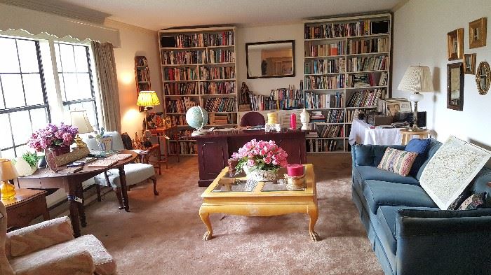 Executive desk, sofa, wingback chairs, loads of books