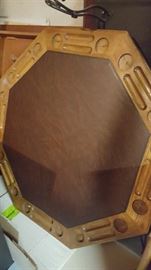 Solid oak poker/game table (reverses to solid oak top) with 4 chairs.