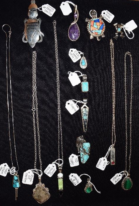 Impressive Collection of Navajo Silver, Turquoise + Gems! Necklaces + Pendants