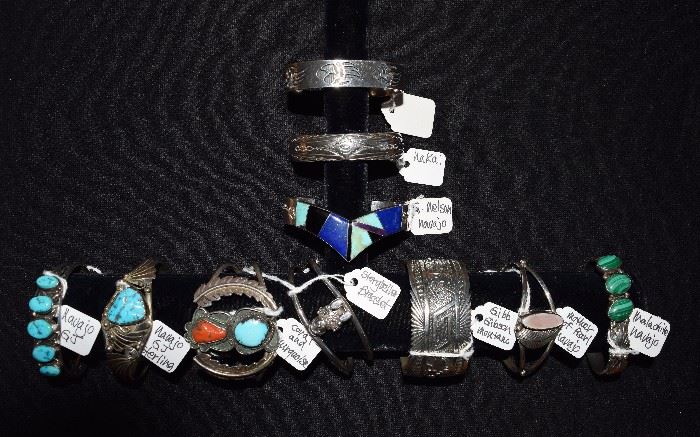 Impressive Collection of Navajo Silver, Turquoise + Gems! Cuffs