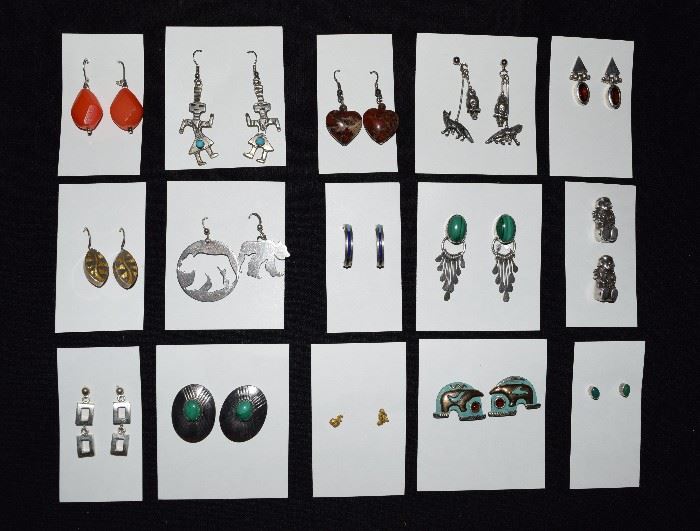 Impressive Collection of Navajo Earrings Silver, Turquoise + Gems! Malachite, Lapis + Storyteller