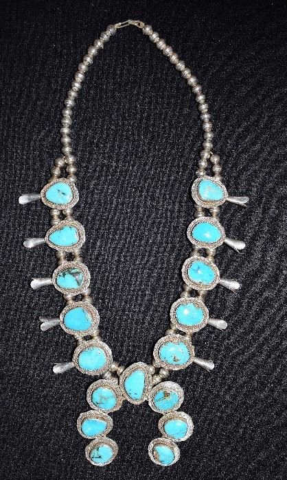 Squash Blossom Navajo Necklace Silver + Turquoise