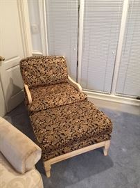 Large comfy wood trimmed chair and ottoman