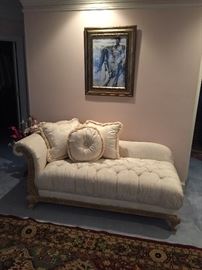 1 of 2 Schnadig fainting sofa's or chaise lounge.  Damask Cream Fabric with 3 pillows