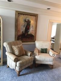 Schnadig club chairs with carved feet.  Stapled by a Large Dojer Print