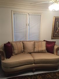 1 of 2 Schnadig coordinating fabric sofa with carved feet and arms