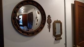 Hall way Round Convex Mirror, Brass torch style plaque, Brass Mirror w/brush