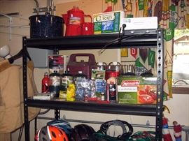 Garage Colman lanterns, Camping dishes, Blue and Red Camp cooking ware