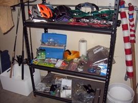 Garage Fishing gear, Bicycle helmet, Bungie cords,