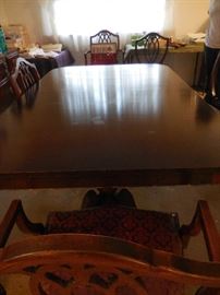 Vintage Mahogany Dining Table with Leaf, Custom Pads, Double Pedestal