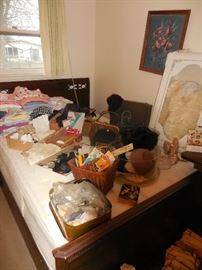 BED FULL..Vintage Wedding Dress, Shoes, Veil ,Vintage Hats, Hankies, Purses