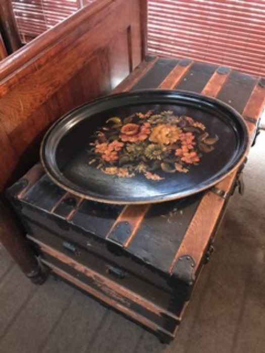 Tole Tray & Antique Trunk