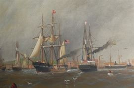 Alexander Charles Stuart (Scottish/American, 1831-1898)
Philadelphia waterfront, 1860, Alexander Charles Stuart as surgeon on the U.S.F. frigate Cumberland
signed 'Stuart' (lower left)
oil on canvas
30 x 50 in. (76.2 x 127 cm.)
executed in 1860 SOLD in 2004 $9560