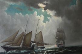 William Torgerson (American, 19th Century)
A paddle steamer in an engagement
signed 'Wm. Torgerson' (lower left)
oil on canvas
24 x 36 in. (61 x 91.5 cm.) SOLD in 2004 $2151.00