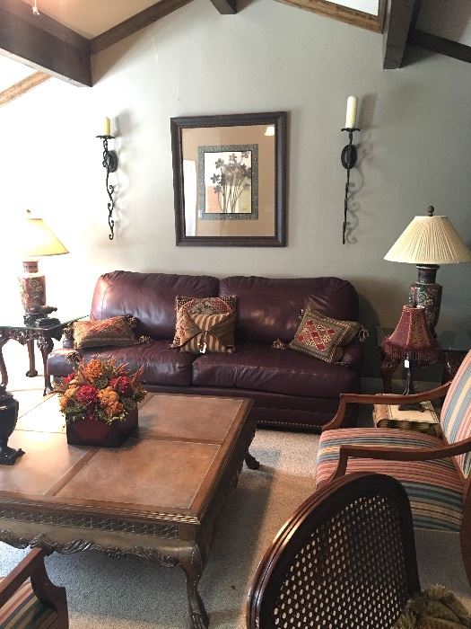 Leather Sofa, Large Coffee Table & Wall Sconces