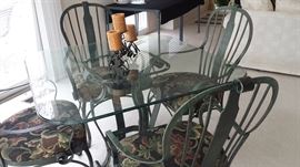 Square glass top kitchen table - 4 iron chairs