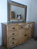 Dresser with mirror matches armoire and queen-sized bed w/ mattress, boxspring