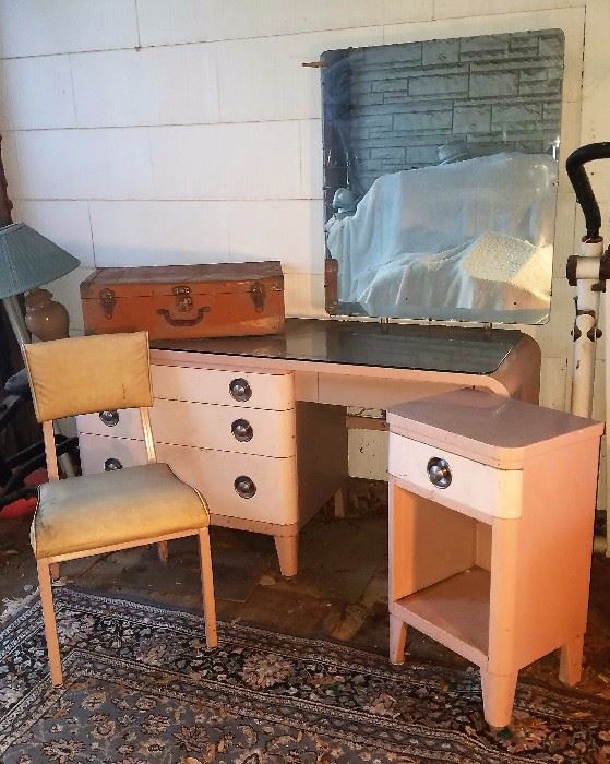 PINK! Early 1940's Bel Geddes Futurama Desk/Vanity and Nightstand