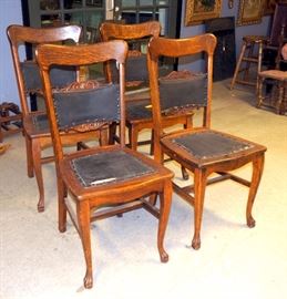 Quarter Sawn Oak Carved Dining Room Chairs With Leather Padding And Nail Head Accents, Qty 4