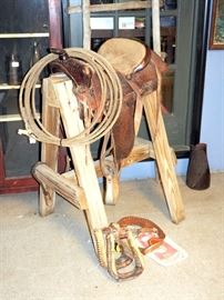 Vintage Western Pleasure Saddle, Size 16, With Rawhide Stirrups, Leather Belt, Lasso, Vintage Curry Comb and Lead Shot Bags