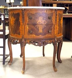 Marble Top Floral Motif Carved and Inlaid Two-Drawer Occasional Table, 33"T x 31"W x 15.5"D