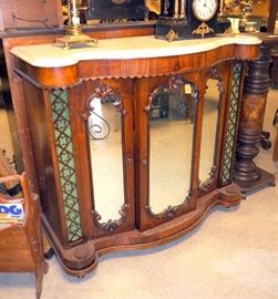 Victorian Style Marble Top Rolling Side Bar Circa 1860's, Believed Bavarian With Key and Mirror Inserts in Doors, Wheels Not Original, 42.5"T x 47.5"W
