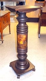 Turned and Painted Plant Stand / Wood Pedestal, Depicts Victorian Couple, 41"T x 14"W x 13.5"D