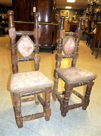 Turned Wood Child Chairs W/Rose Fabric and Nail Head Accents 32.5"T, Qty 2