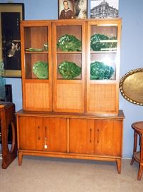 Mid Century Woven Front China Hutch With Glass Doors, 73"T x 54"W x 16.5"D