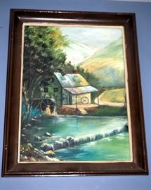 Original Oil on Canvas Framed 16.5" x 28.5" Signed Gambler and Oil on Board of Mill 18.5" x 14.5"