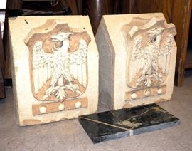 J J's On The Plaza Front Entrance Eagle Column Caps, Recovered During Architectural Salvage Post Fire 2013, Concrete Filled, Qty 2, With Marble Slab