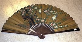 Painted Oriental Paper Fan, Wood Frame, Birds and Cherry Blossoms, Open 24"T x 44"W