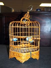 Oriental Style Carved Wood Miniature Bird Cage With Porcelain Vessels 11"T