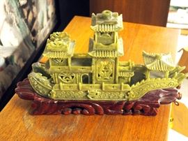 Oriental Jade Style 3 Arm Candelabra on Wood Base 9"T x 15"L