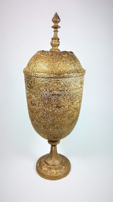 2- A gilt bronze urn with lid and lotus bud design long finial (screw on) on top, and lotus pedal décor on the stand. Very intricate and carefully detailed incised Asian motif carvings throughout the body. No markings. 12"Hx 4.1/2"H