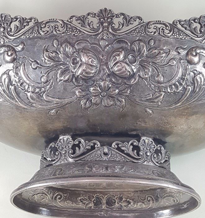 8-Antique circa 1880-1900 Sterling Silver centerpiece bowl with stunning Les Cinq Fleurs pattern, influenced by Art Nouveau movement. Oval shape with handles. Measurements: 16” long by 8.1/4” high.   