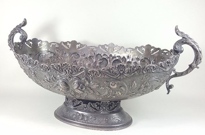 8- Antique circa 1880-1900 Sterling Silver centerpiece bowl with stunning Les Cinq Fleurs pattern, influenced by Art Nouveau movement. Oval shape with handles. Measurements: 16” long by 8.1/4” high.   