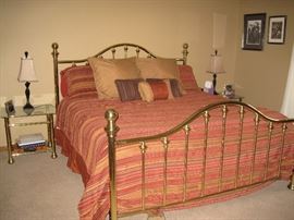 King bed linens set. King brass bed and mattresses. Matching glass and brass nightstands 