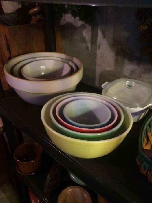 Set of 3 older crocks, set of Pyrex bowls