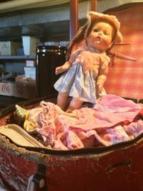 old doll with clothes & suitcase