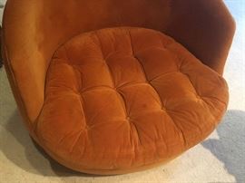 Thayer Coggin, High Point. Designed by Milo Baughman. Swivel chair. Tag still on. Cushion is stained on the bottom and minor staining on other (top side) as shown. See next photo for stain. 