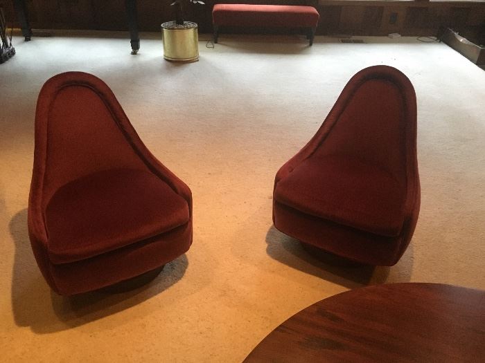 Pair of mid century modern chairs. Also believed to be Milo Baughman. Purchased at the same time as other furniture in the room by our clients mother. They've been reupholstered. 