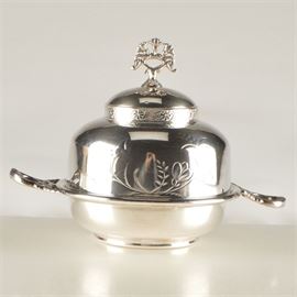 Waltham Quadruple Plate Small Warming Dish with Lid: A small lidded warming dish from Waltham Quadruple Plate, marked on the base. The dish has engraving on the lid and embossing on the lid and handles. There is a removable tray inside with a steaming hole.