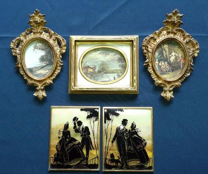 Small, antique framed pictures and silhouettes