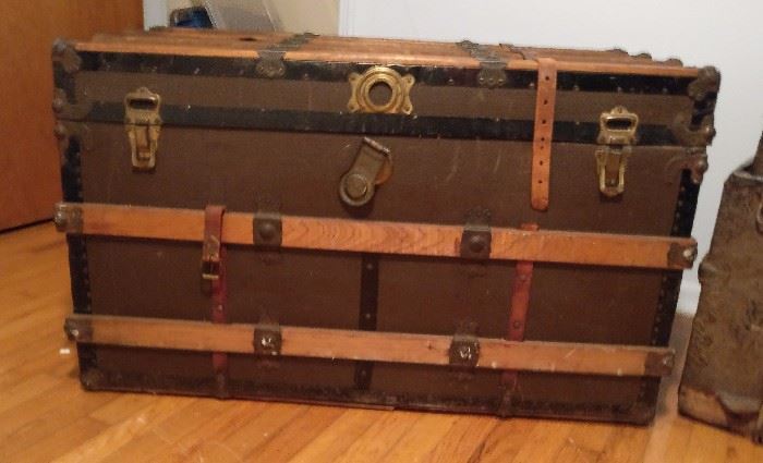 Vintage steamer trunk with leather straps and insert tray