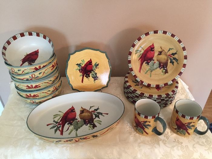 Large set of Lenox Winter Greeting Everyday dishes.  Cereal bowls, salad plates, trivet, oval serving dish, 8 coffee mugs for sale - all in perfect condition.