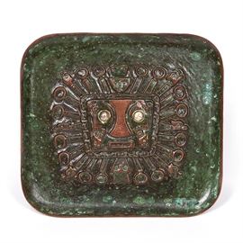 Verdigris Copper Aztec Motif Plate  22.50