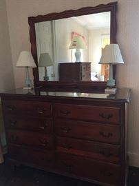 Cherry bedroom set  - dresser with mirror, chest, nightstand and queen headboard/footboard/frame