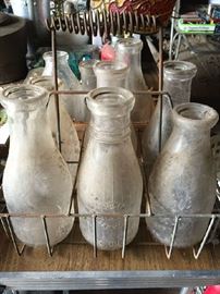 vintage milk bottles with holder